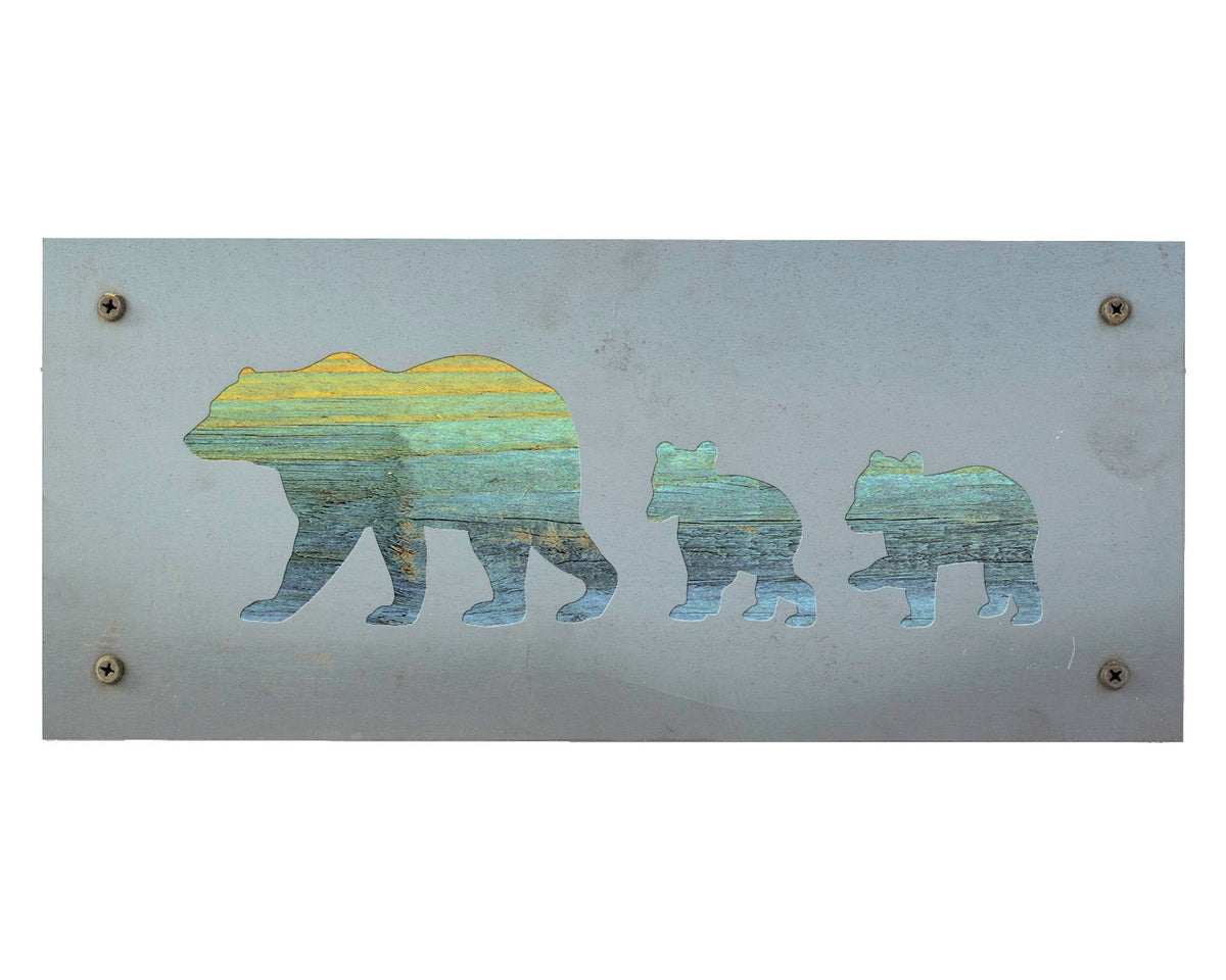 Bear Family Metal Wall Art on Reclaimed Wood, Mama Bear and Cubs, Cabin Decor