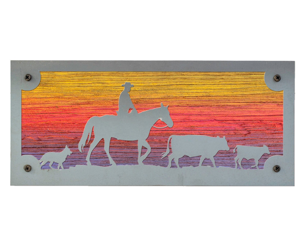 Cattle Ranch Metal Wall Art on Reclaimed Wood, Cowboy and Cows, Western Decor, 12.5 Inch Wide Steel Sign, Cattle Ranch Sign, Cowboy Gift