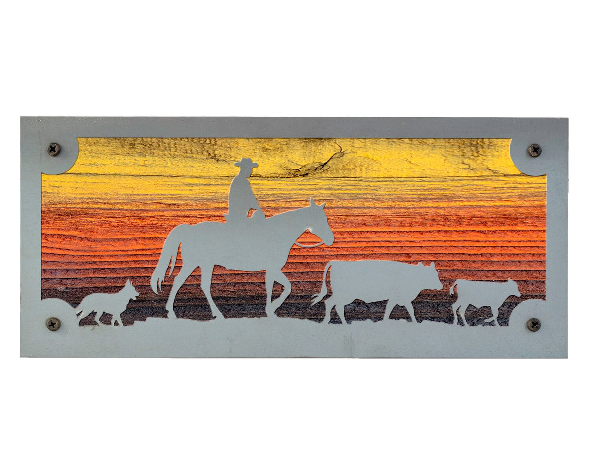 Cattle Ranch Metal Wall Art on Reclaimed Wood, Cowboy and Cows, Western Decor, 12.5 Inch Wide Steel Sign, Cattle Ranch Sign, Cowboy Gift