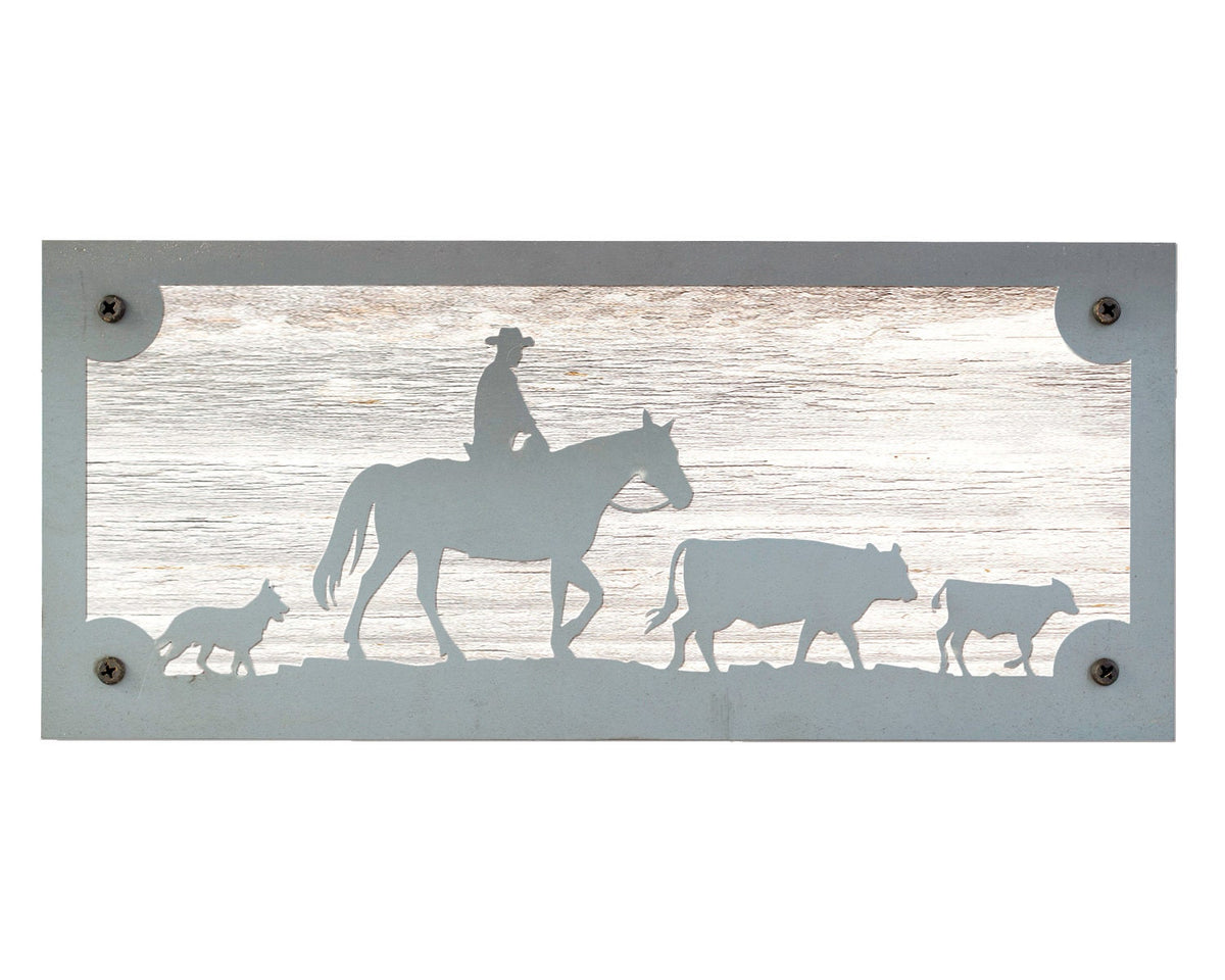 Cattle Ranch Metal Wall Art on Reclaimed Wood, Cowboy and Cows, Western Decor, 12.5 Inch Wide Steel Sign, Cattle Ranch Sign, Cowboy Gift