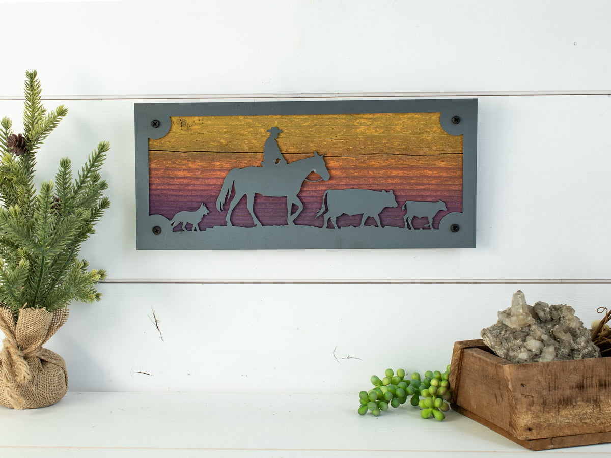 Cattle Ranch Metal Wall Art on Reclaimed Wood, Cowboy and Cows, Western Decor, 12.5 Inch Wide Steel Sign, Cattle Ranch Sign, Cowboy Gift