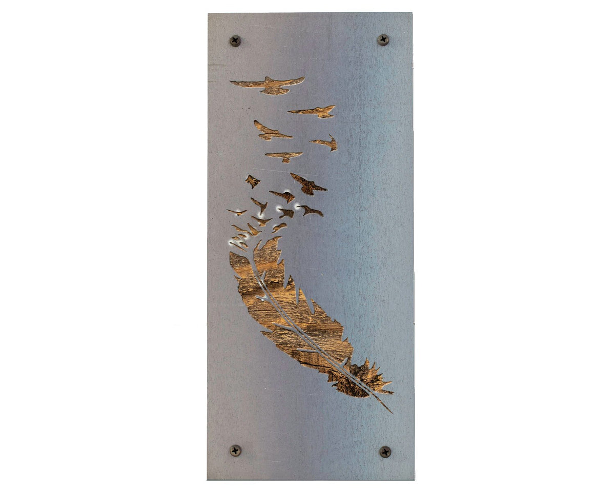 Feather to Birds Metal Wall Art on Reclaimed Wood, Boho Flying Birds Decor