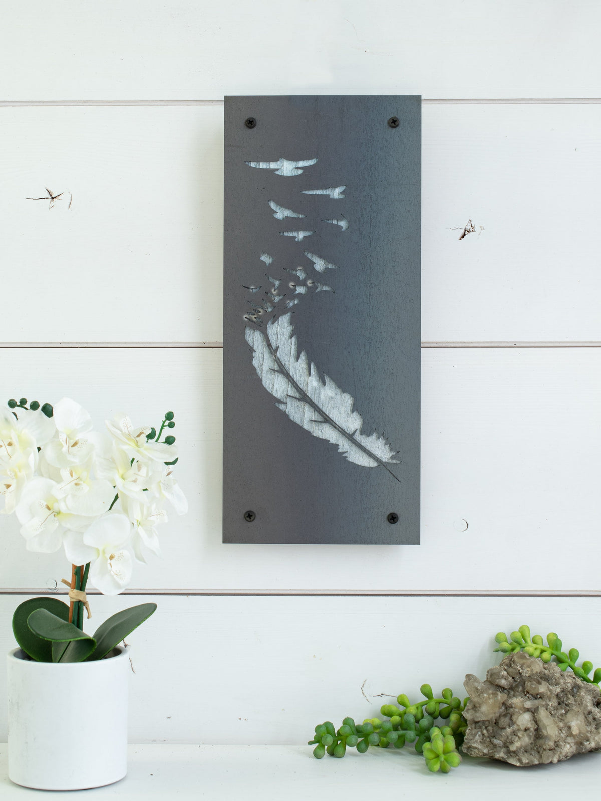 Feather to Birds Metal Wall Art on Reclaimed Wood, Boho Flying Birds Decor