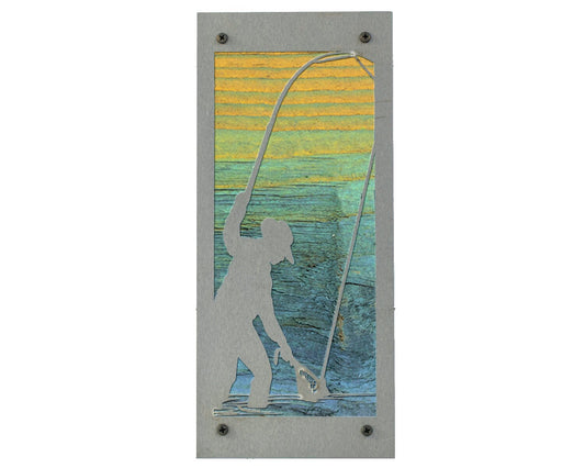 Fly Fisherman Metal Wall Art on Reclaimed Wood, Tall Fly Fishing Cabin Decor, Fishing Gift, 12.5 Inch Tall Steel Sign, G
