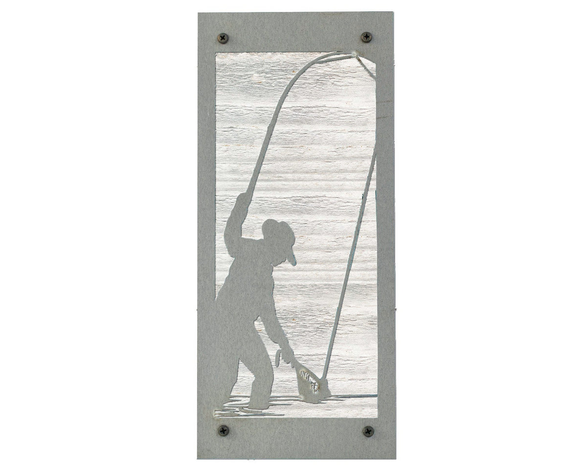 Fly Fishing Angler Metal Wall Art on Reclaimed Wood, Tall 12.5 Inch Fishing Sign, Angler Gift