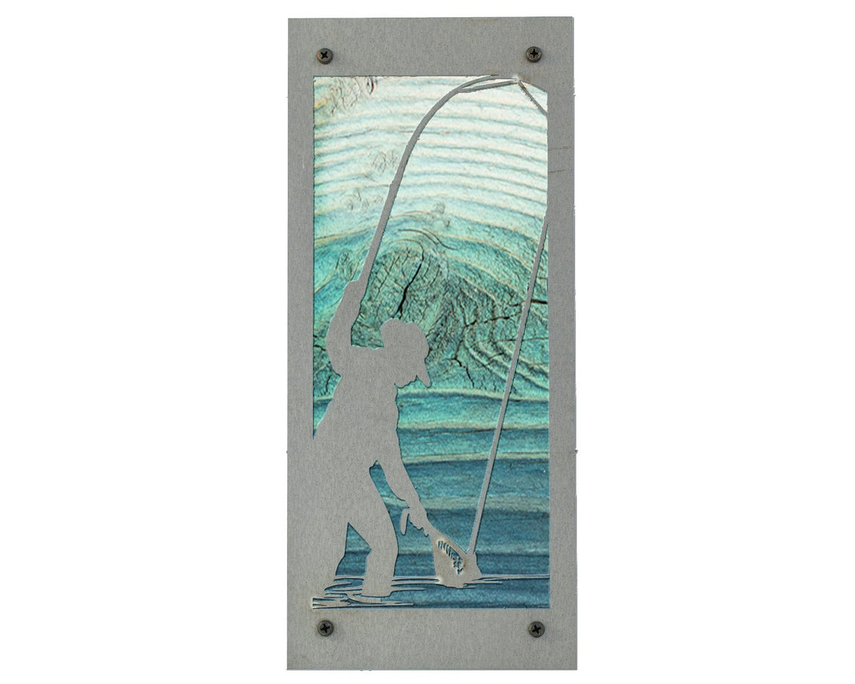 Fly Fishing Angler Metal Wall Art on Reclaimed Wood, Tall 12.5 Inch Fishing Sign, Angler Gift