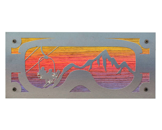 Ski Goggles Chairlift Metal Wall Art on Reclaimed Wood, Ski Lodge Decor, 12.5 Inch Wide Steel Sign, Ski Gift, Skier Gift