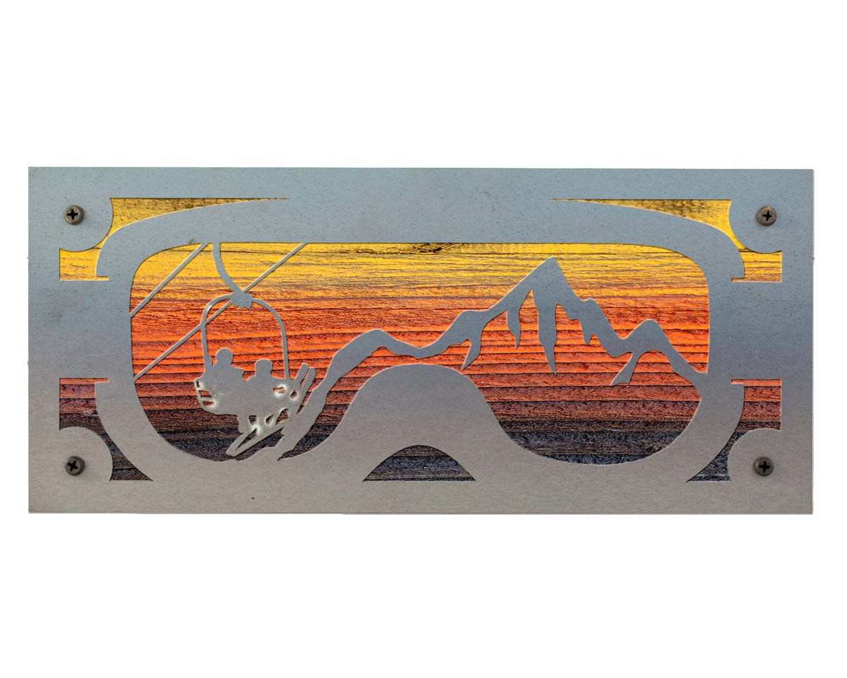 Ski Goggles Chairlift Metal Wall Art on Reclaimed Wood, Ski Lodge Decor, 12.5 Inch Wide Steel Sign, Ski Gift, Skier Gift, Ski Cabin Decor