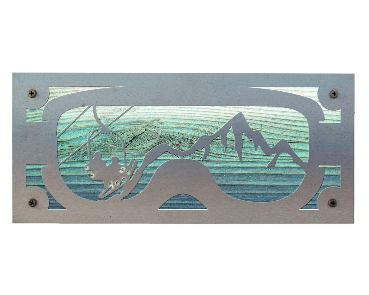 Ski Goggles Chairlift Metal Wall Art on Reclaimed Wood, Ski Lodge Decor, 12.5 Inch Wide Steel Sign, Ski Gift, Skier Gift, Ski Cabin Decor