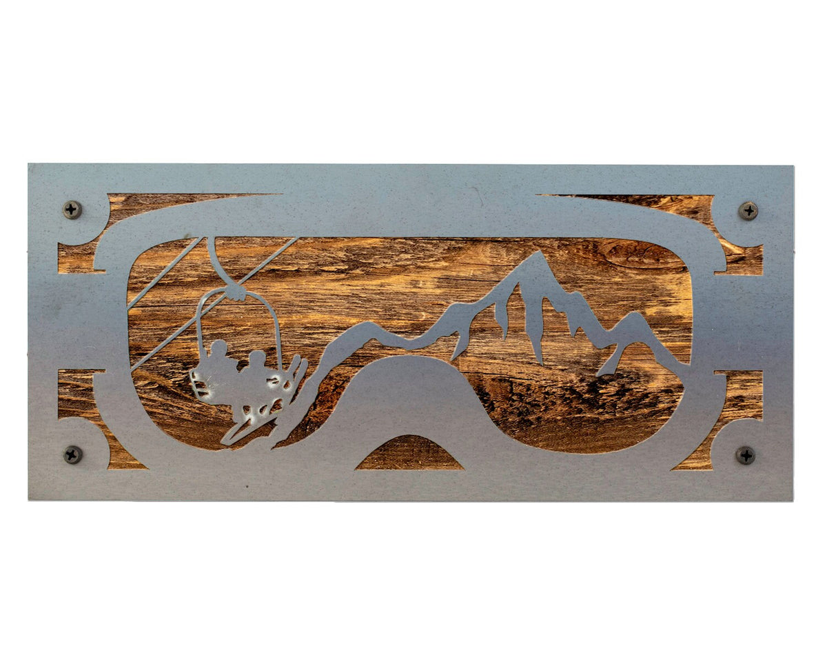 Ski Goggles Chairlift Metal Wall Art on Reclaimed Wood, Ski Lodge Decor, 12.5 Inch Wide Steel Sign, Ski Gift, Skier Gift, Ski Cabin Decor
