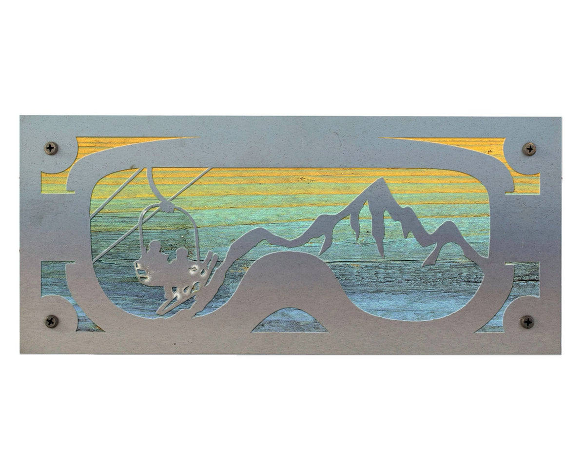 Ski Goggles Chairlift Metal Wall Art on Reclaimed Wood, Ski Lodge Decor, 12.5 Inch Wide Steel Sign, Ski Gift, Skier Gift, Ski Cabin Decor