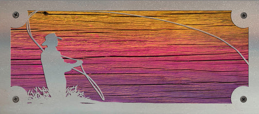 Fly Fisherman Metal Wall Art on Reclaimed Wood, Horizontal 12.5 Inch Cabin Decor