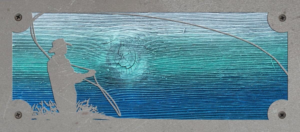 Fly Fisherman Metal Wall Art on Reclaimed Wood, Horizontal 12.5 Inch Cabin Decor