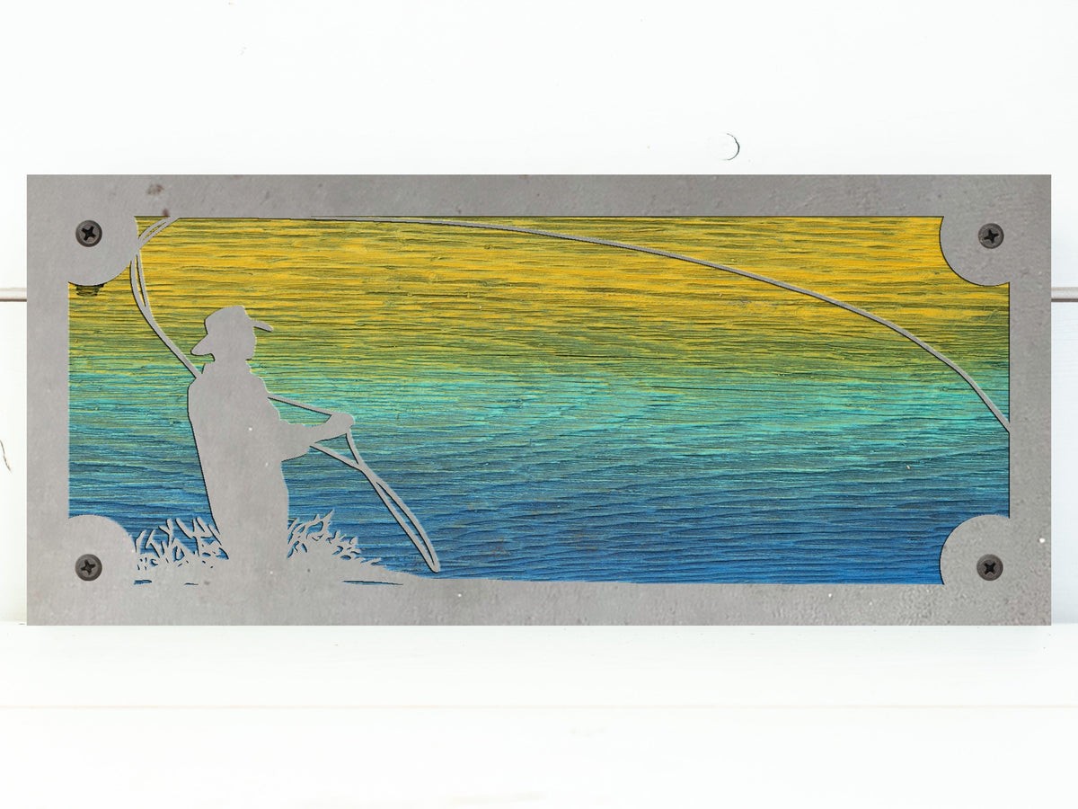 Fly Fisherman Metal Wall Art on Reclaimed Wood, Horizontal 12.5 Inch Cabin Decor