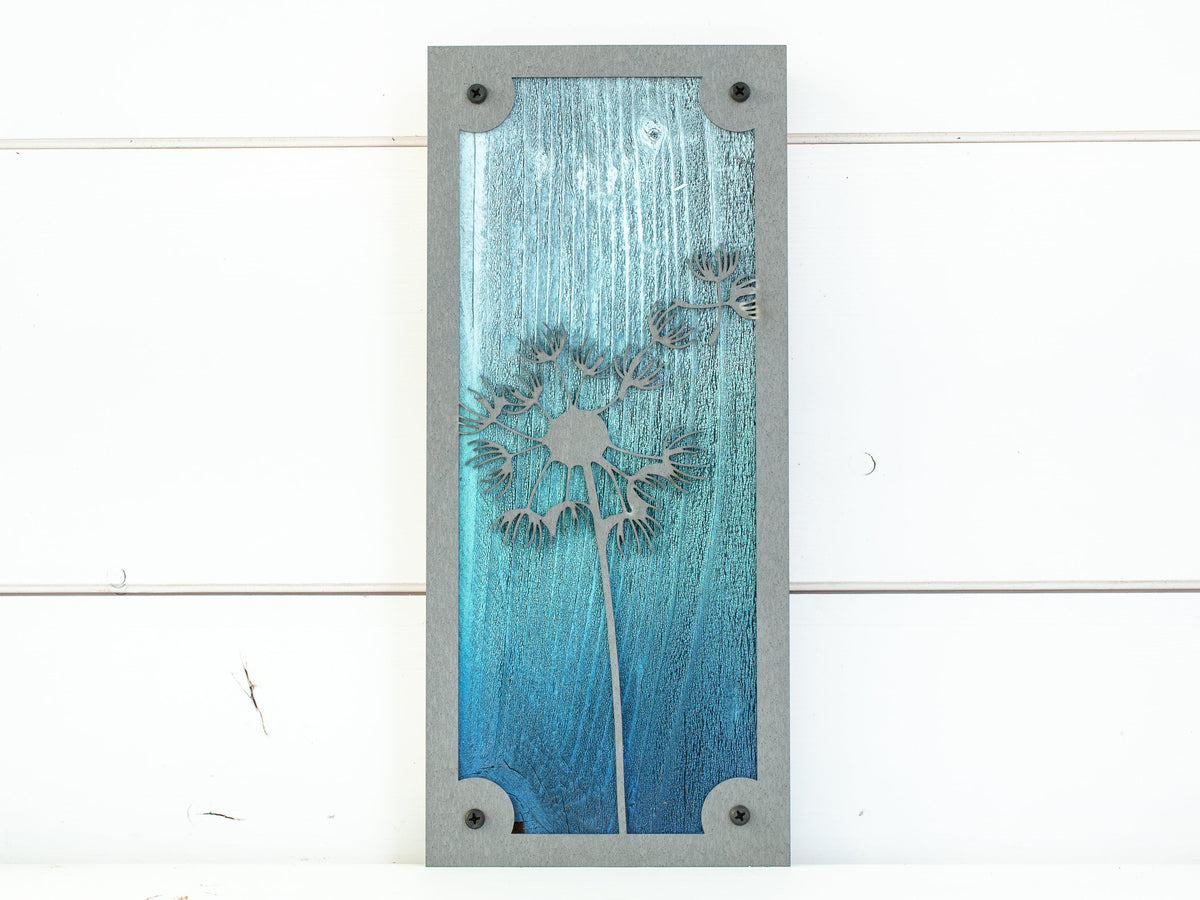 Dandelion Seeds Metal Wall Art on Reclaimed Wood, 12.5 Inch Boho Flower Decor