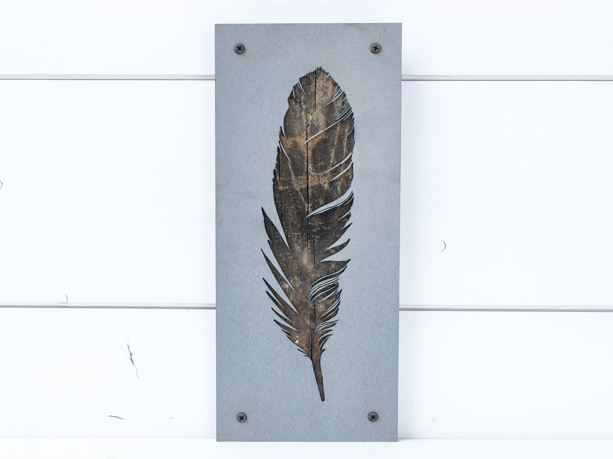 Feather Metal Wall Art on Reclaimed Wood, Boho Rustic Decor, 12.5 Inch Sign