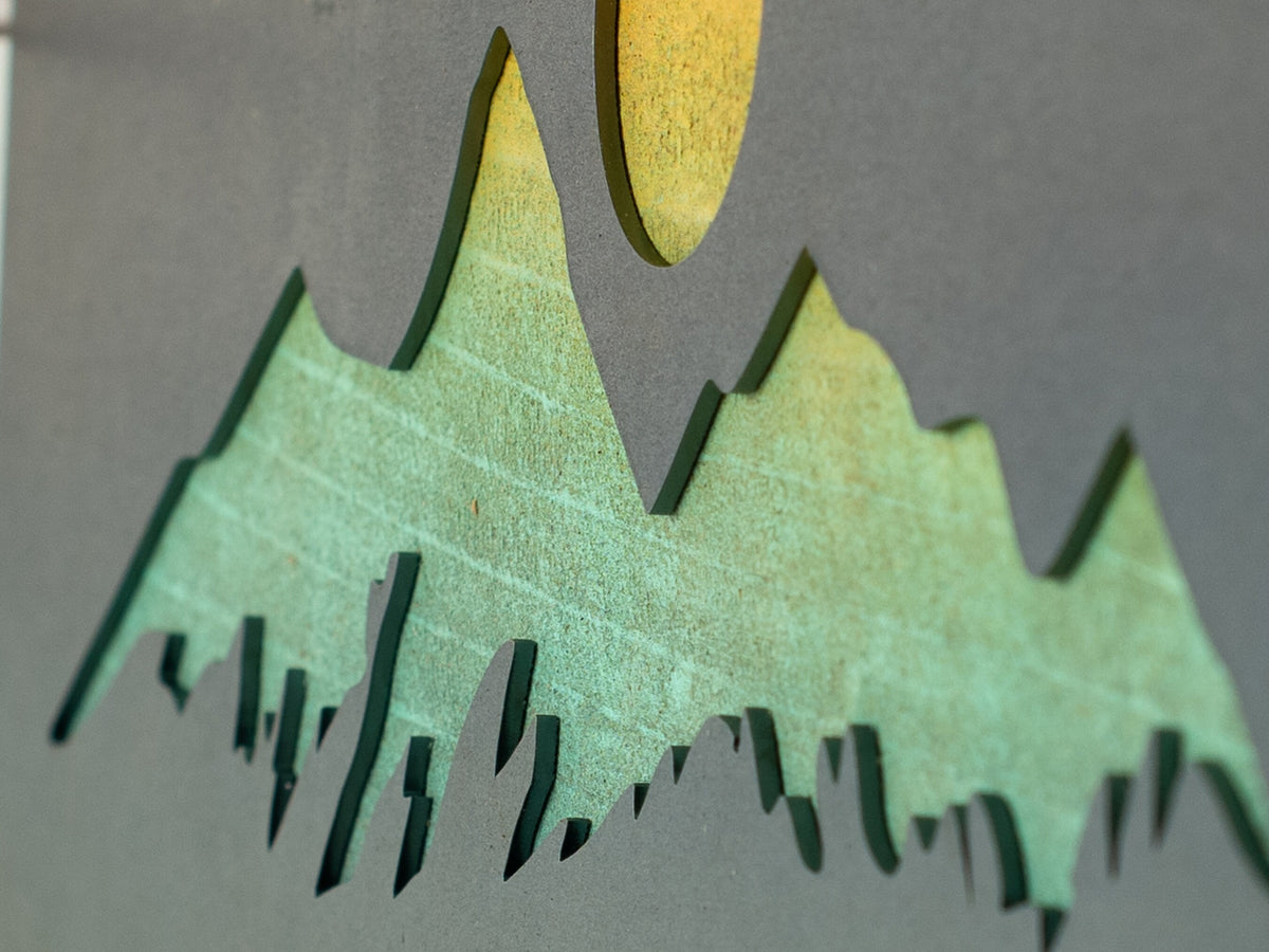 Mountain Range Metal Wall Art on Reclaimed Wood, 12.5 Inch Rustic Cabin Decor