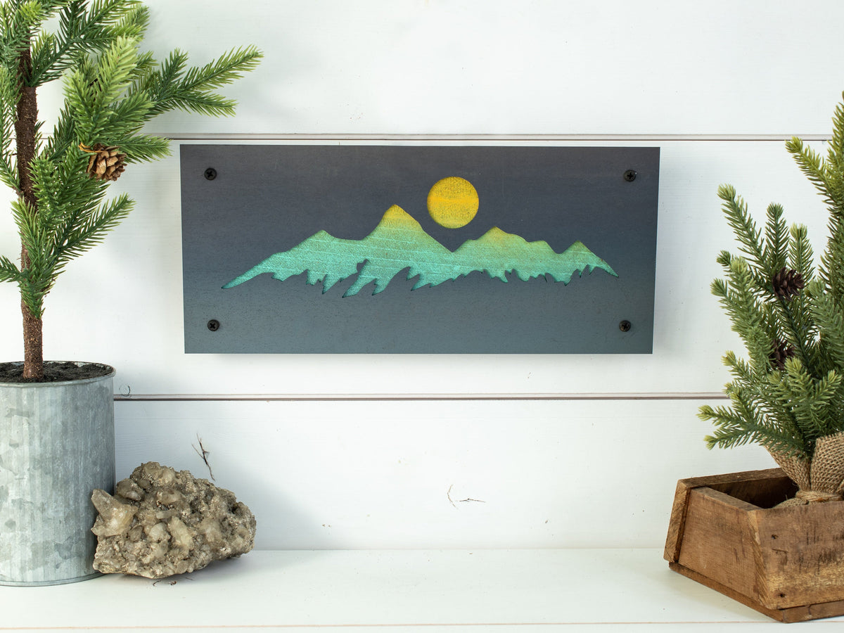 Mountain Range Metal Wall Art on Reclaimed Wood, 12.5 Inch Rustic Cabin Decor