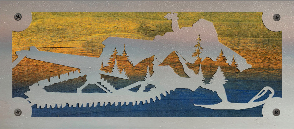Snowmobile Metal Wall Art on Reclaimed Wood, 12.5 Inch Cabin Decor, Sledder Gift