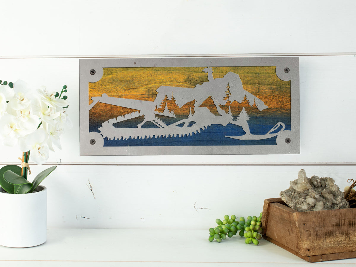 Snowmobile Metal Wall Art on Reclaimed Wood, 12.5 Inch Cabin Decor, Sledder Gift