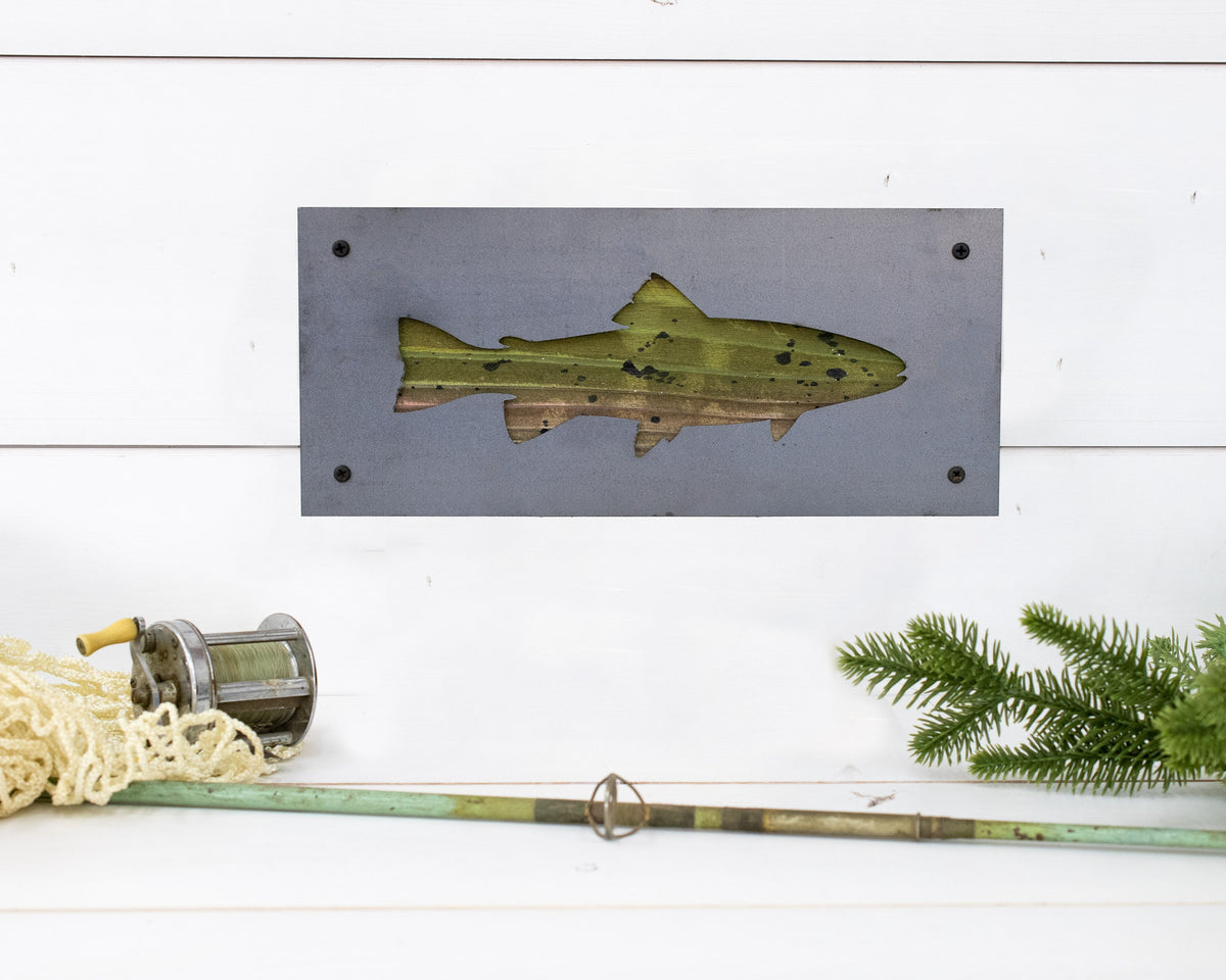 Leaping Trout Metal Wall Art on Reclaimed Wood, 12.5 Inch Fly Fishing Decor, Gift for Dad, Fishing Cabin Decor, Housewar