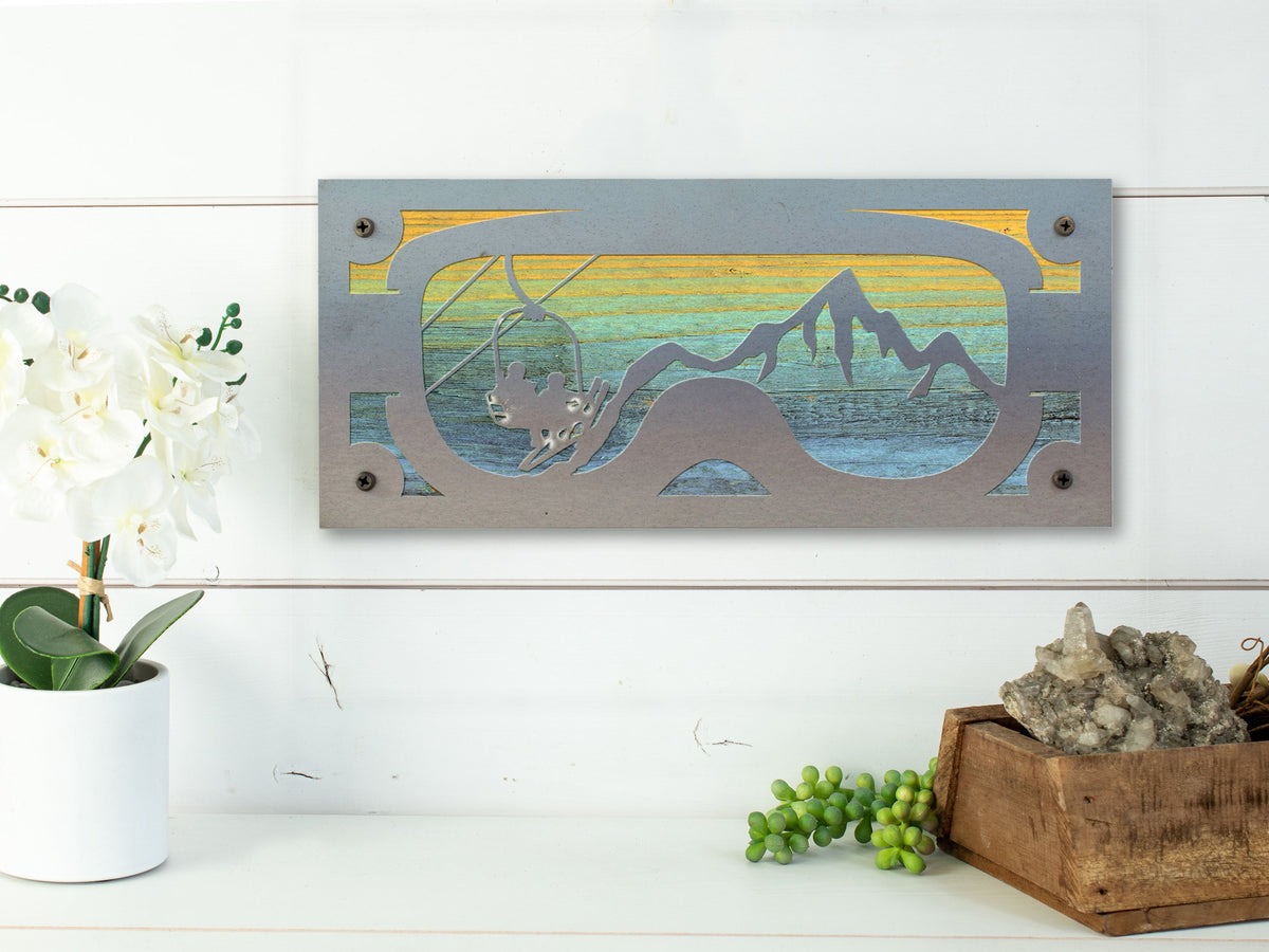 Ski Goggles Chairlift Metal Wall Art on Reclaimed Wood, Ski Lodge Decor, 12.5 Inch Wide Steel Sign, Ski Gift, Skier Gift, Ski Cabin Decor