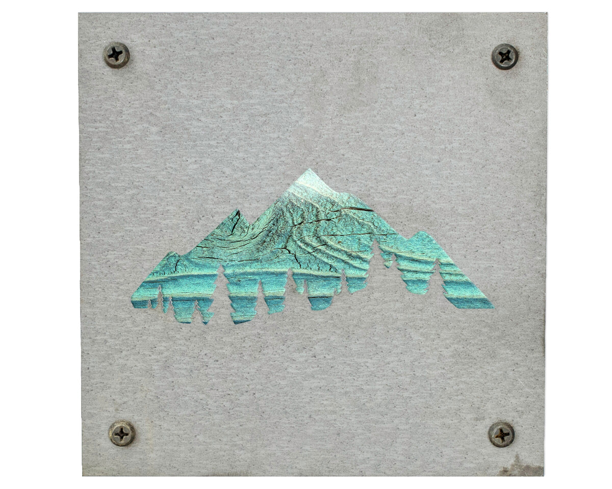 Mountains and Pine Trees Metal Wall Art on Reclaimed Wood, Cabin Decor