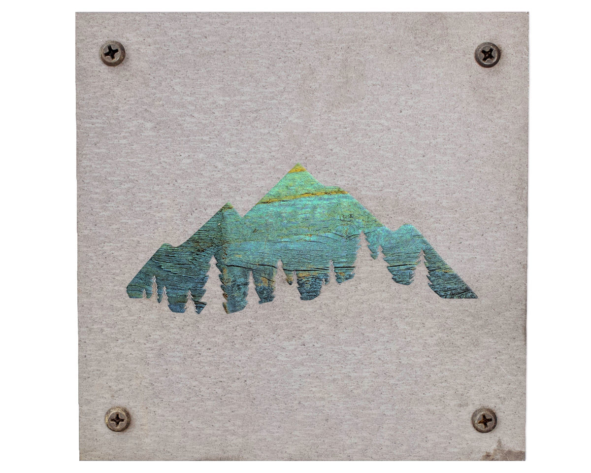 Mountains and Pine Trees Metal Wall Art on Reclaimed Wood, Cabin Decor