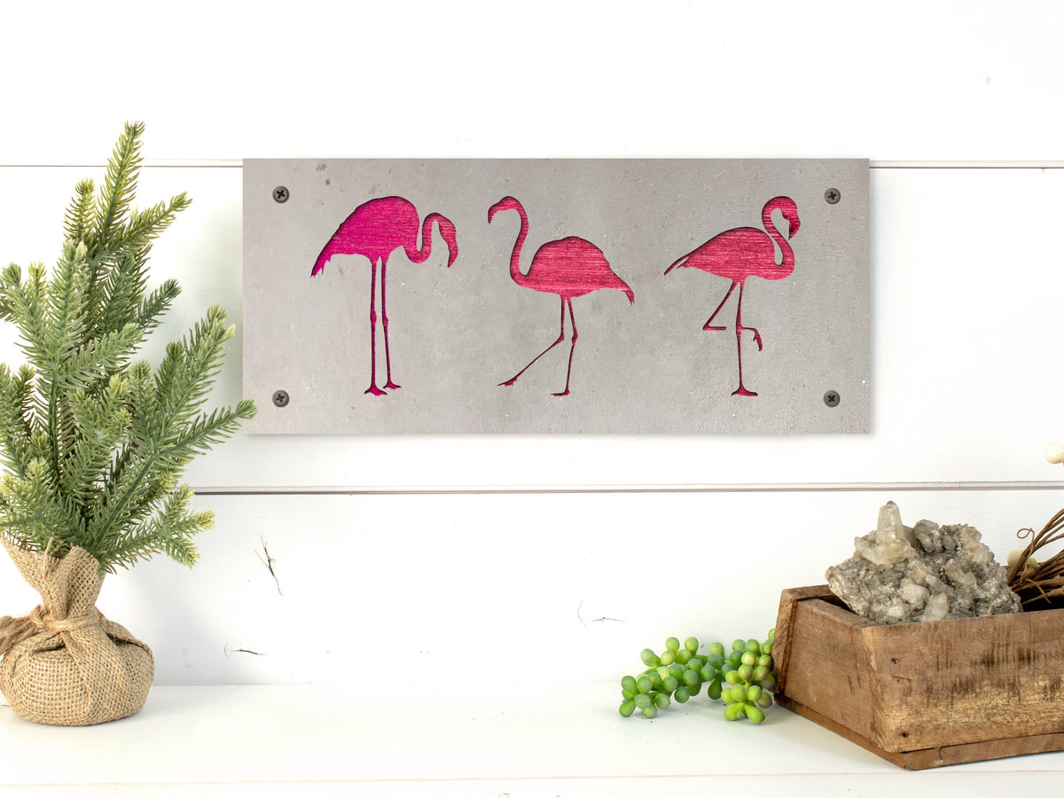 Three Flamingos Metal Wall Art on Reclaimed Wood, Tropical Coastal Decor, 12.5 Inch Wide Steel Sign, Flamingo Decor, Fla