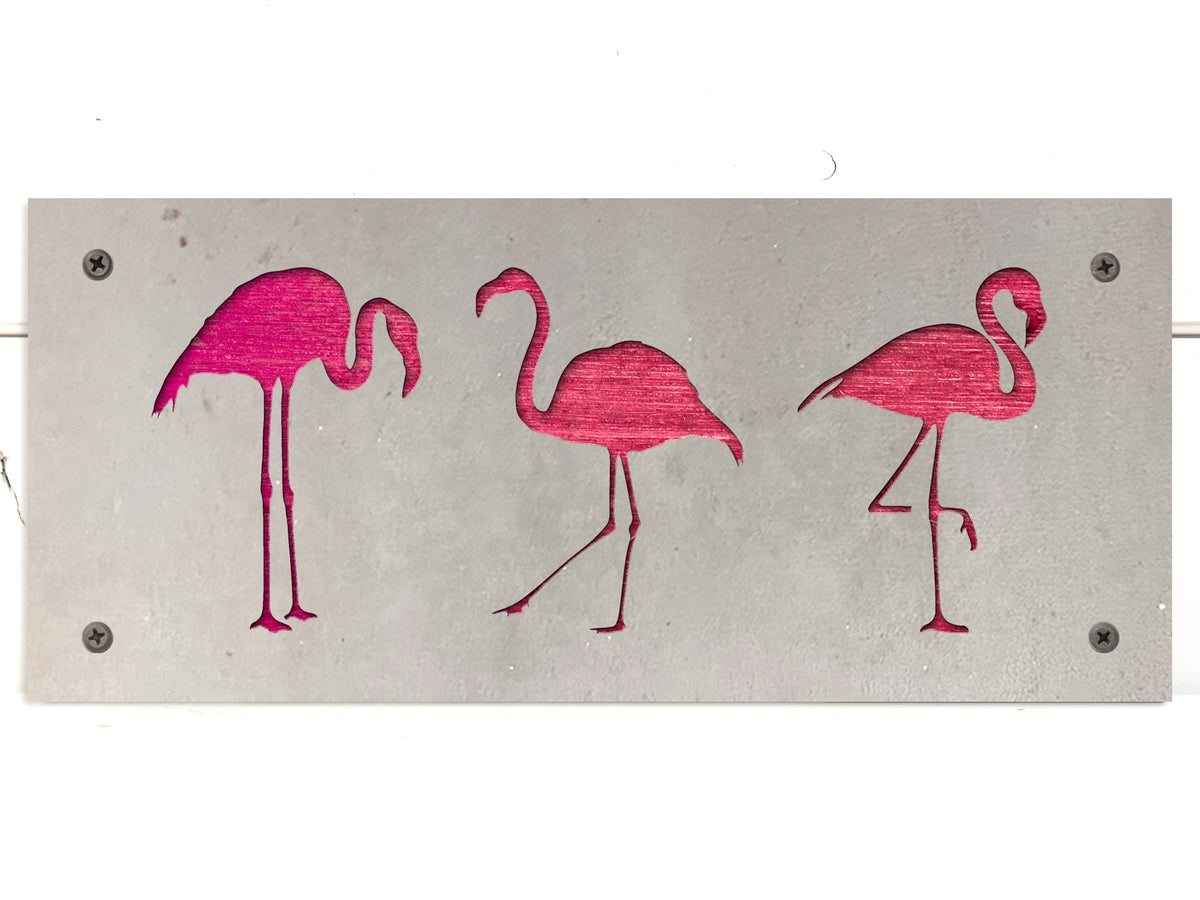 Three Flamingos Metal Wall Art on Reclaimed Wood, Tropical Coastal Decor, 12.5 Inch Wide Steel Sign, Flamingo Decor, Flamingo Gift