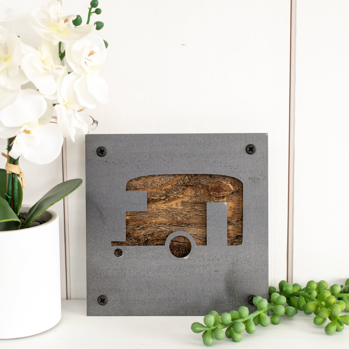Camper Trailer Metal Wall Art on Reclaimed Wood, RV Decor, Camping Sign