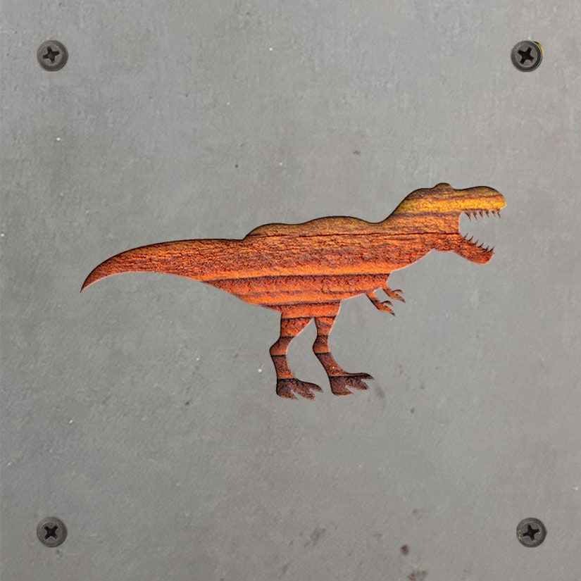 T-Rex Dinosaur Metal Wall Art on Reclaimed Wood, Dino Nursery Decor, Kids Room, 5.5 Inch Square Steel Sign, Dinosaur Gift