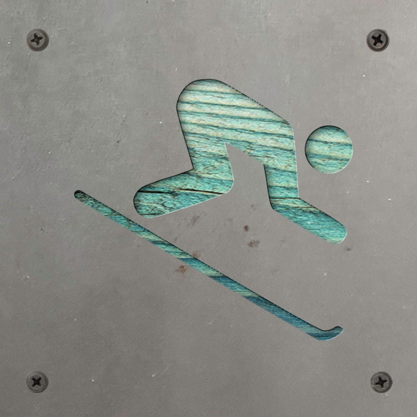 Downhill Skier Metal Wall Art on Reclaimed Wood, Ski Cabin Decor, Skier Gift, 5.5 Inch Square Steel Sign, Ski Lodge Decor