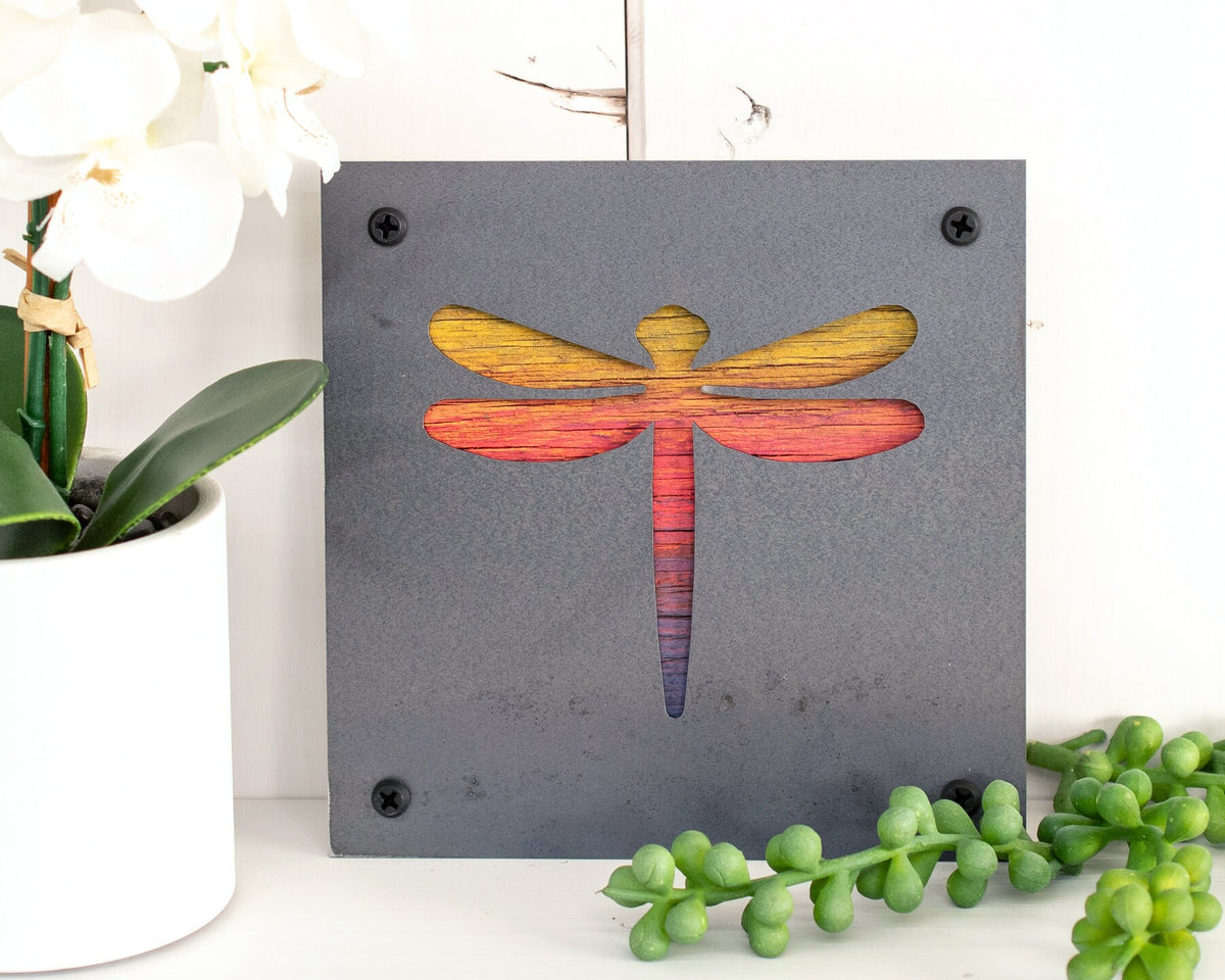 Dragonfly Metal Wall Art on Reclaimed Wood, Garden Room Decor, Nature Gift, 5.5 Inch Square Steel Sign, Dragonfly Lover, Cottagecore Decor