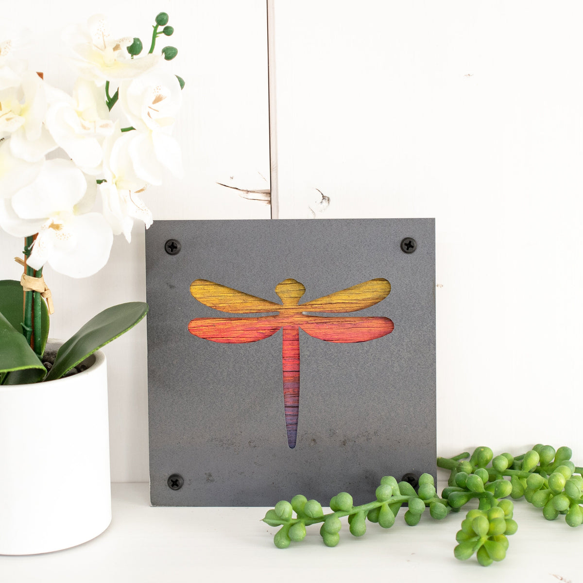 Dragonfly Metal Wall Art on Reclaimed Wood, Garden Room Decor, Nature Gift, 5.5 Inch Square Steel Sign, Dragonfly Lover, Cottagecore Decor