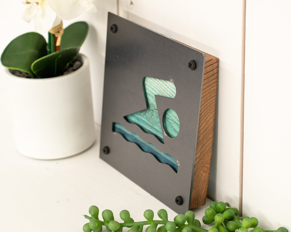 Swimmer Metal Wall Art on Reclaimed Wood, Swimming Sign, Swim Team Gift, 5.5 Inch Square Steel Sign, Swim Coach Gift, Pool House Decor