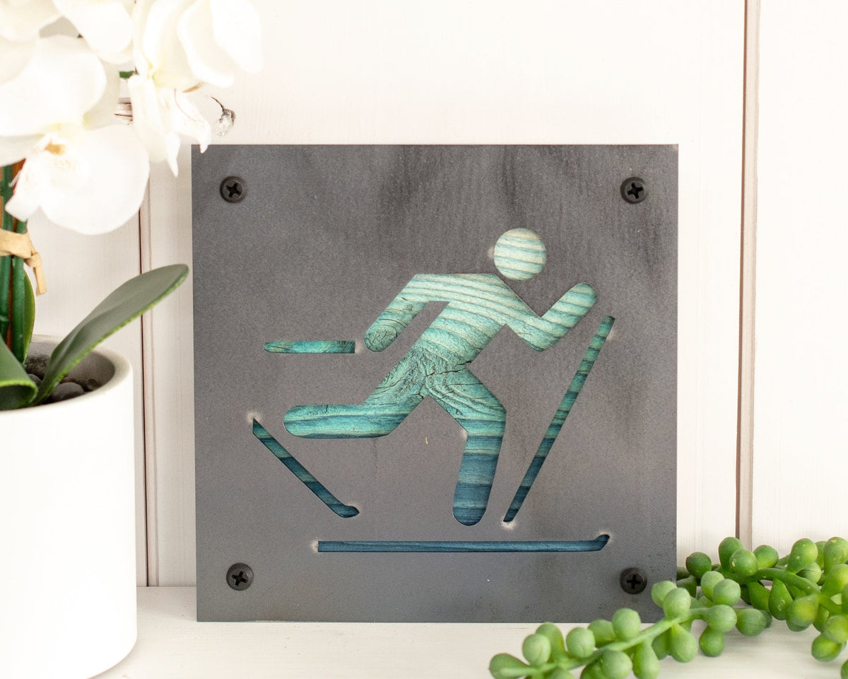 Cross Country Skier Metal Wall Art on Reclaimed Wood, XC Ski Gift, Cabin Decor