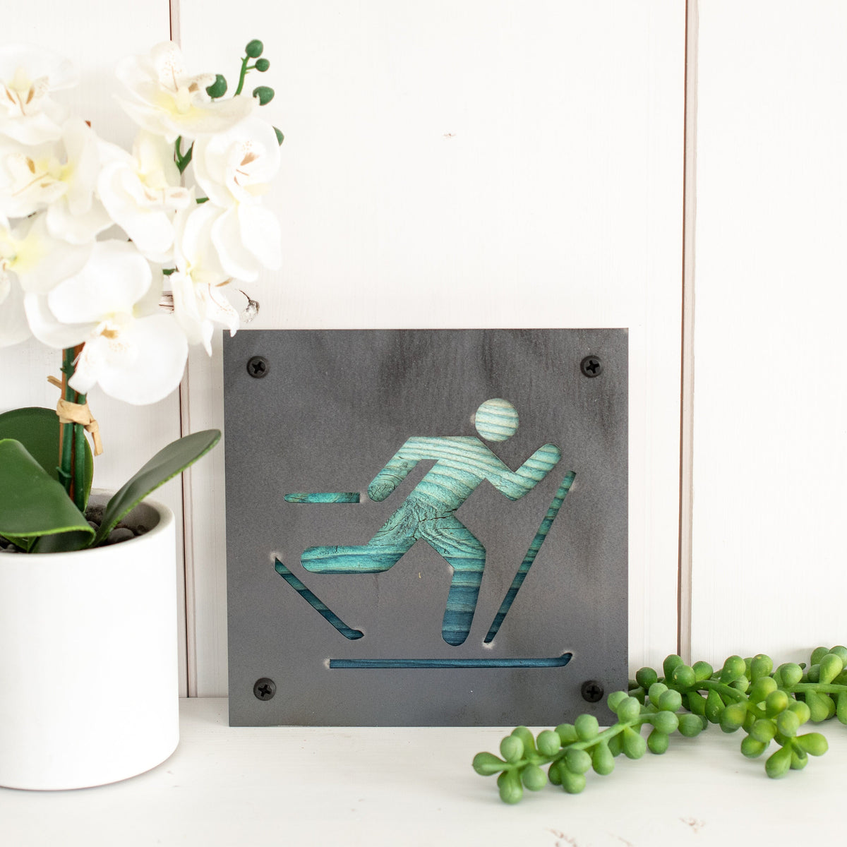 Cross Country Skier Metal Wall Art on Reclaimed Wood, XC Ski Gift, Cabin Decor