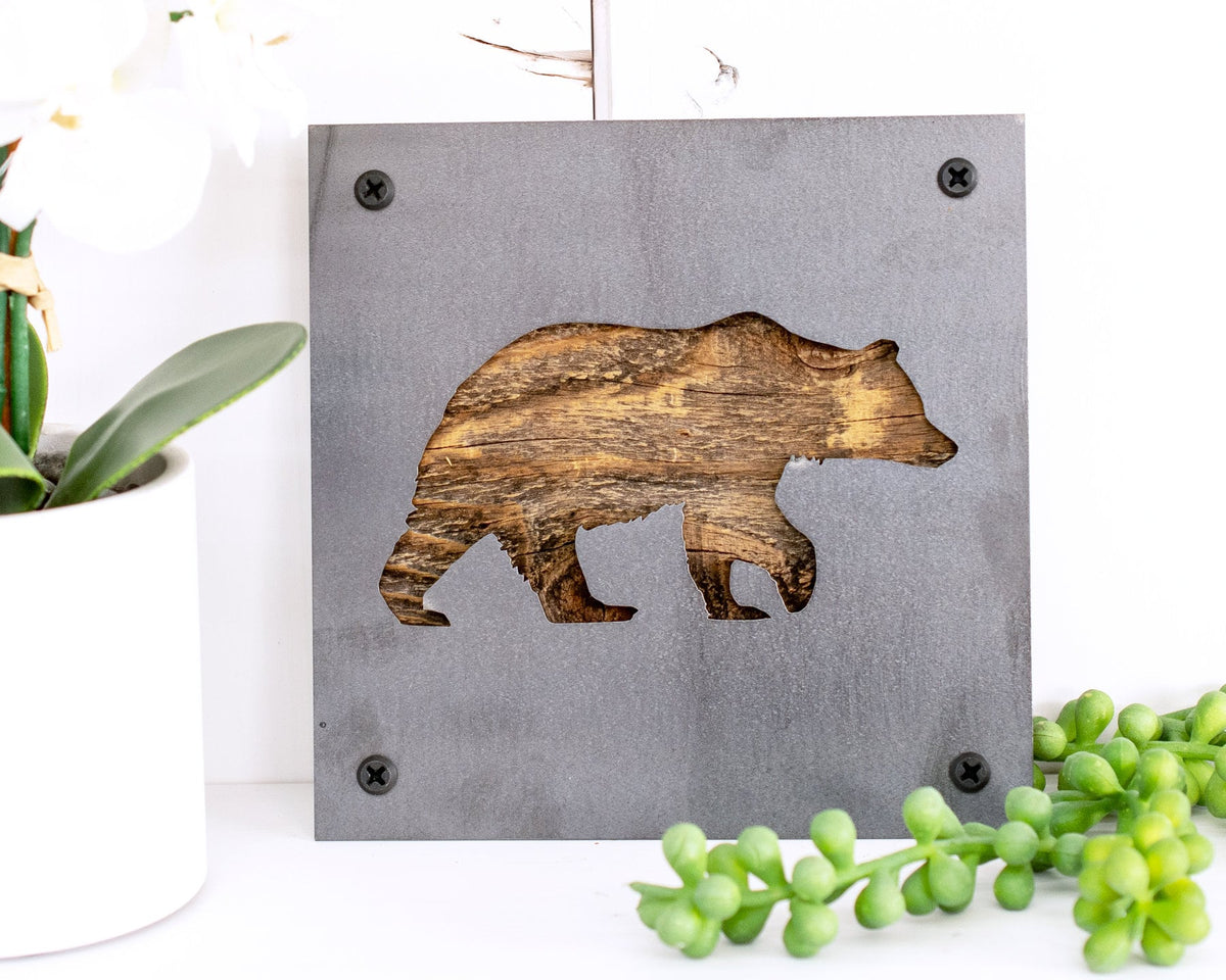 Bear Metal Wall Art on Reclaimed Wood, Rustic Cabin Decor, Black Bear Sign, 5.5 Inch Square Steel Sign, Bear Lover Gift, Lodge Wall Art