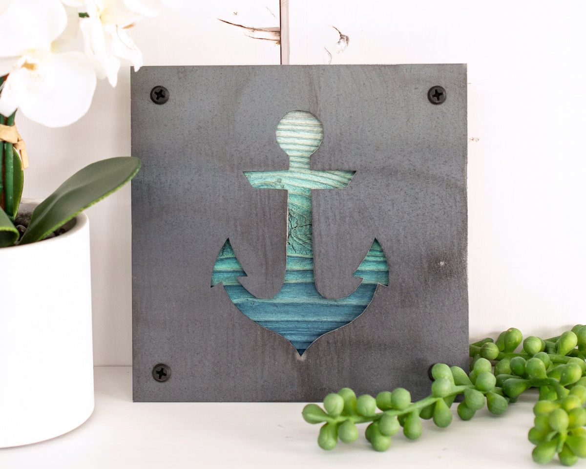 Anchor Metal Wall Art on Reclaimed Wood, Nautical Coastal Decor, Boat Lover Gift, 5.5 Inch Square Steel Sign, Lake House Decor