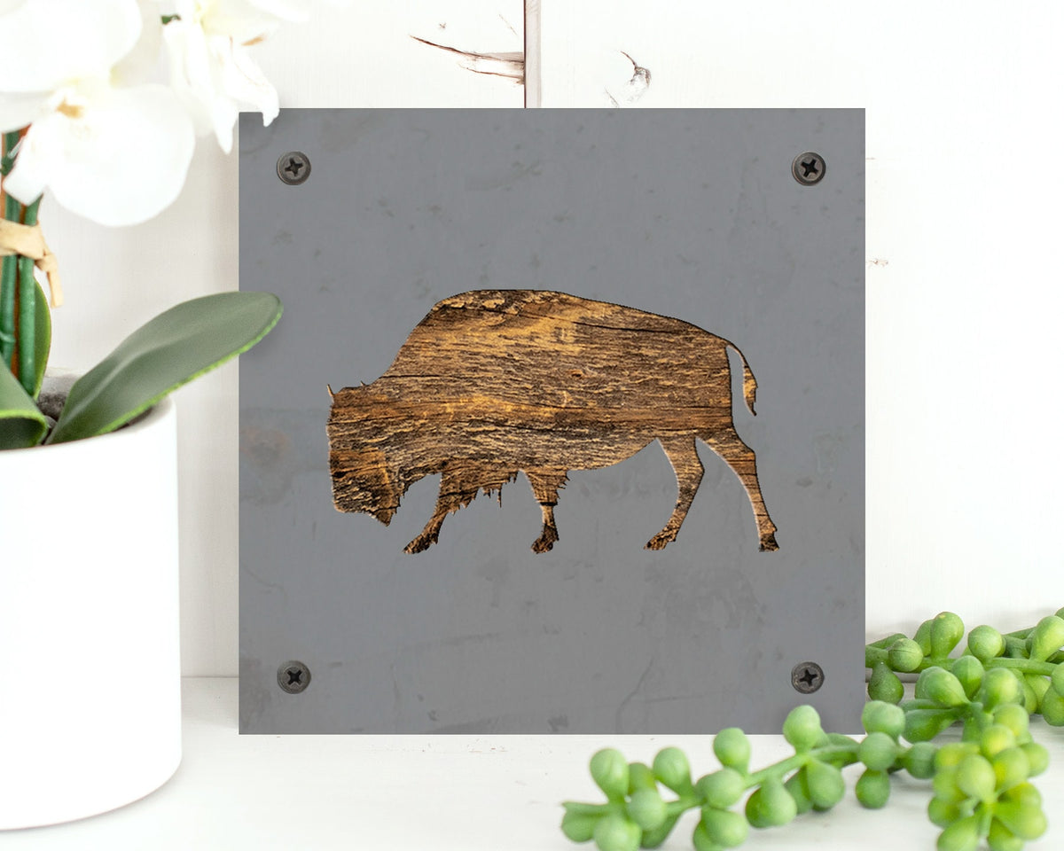 Bison Metal Wall Art on Reclaimed Wood, Buffalo Decor, Yellowstone Gift, 5.5 Inch Square Steel Sign, Western Decor, Housewarming Gift