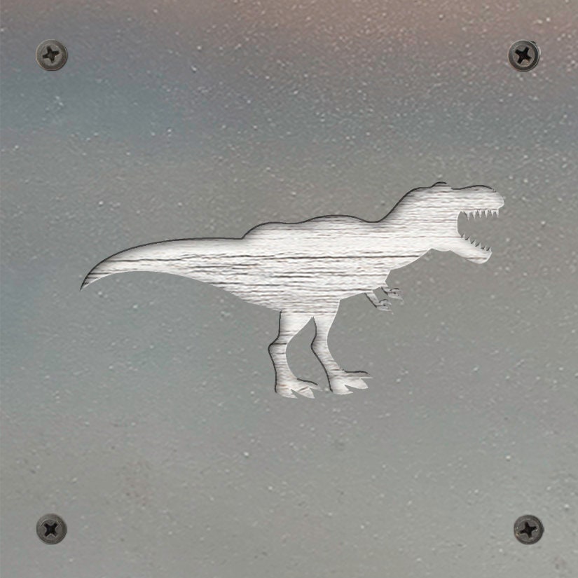 T-Rex Dinosaur Metal Wall Art on Reclaimed Wood, Dino Nursery Decor, Kids Room, 5.5 Inch Square Steel Sign, Dinosaur Gift