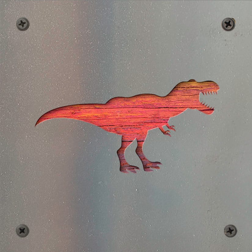 T-Rex Dinosaur Metal Wall Art on Reclaimed Wood, Dino Nursery Decor, Kids Room, 5.5 Inch Square Steel Sign, Dinosaur Gif