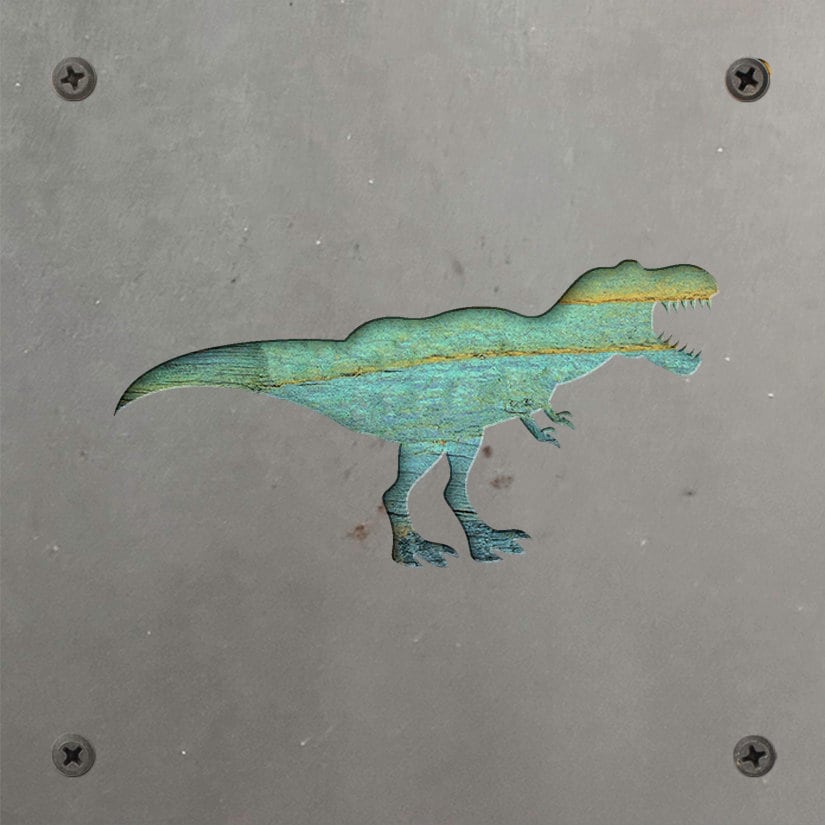 T-Rex Dinosaur Metal Wall Art on Reclaimed Wood, Dino Nursery Decor, Kids Room, 5.5 Inch Square Steel Sign, Dinosaur Gift
