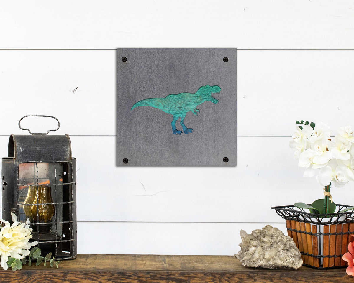 T-Rex Dinosaur Metal Wall Art on Reclaimed Wood, Dino Nursery Decor, Kids Room, 5.5 Inch Square Steel Sign, Dinosaur Gift