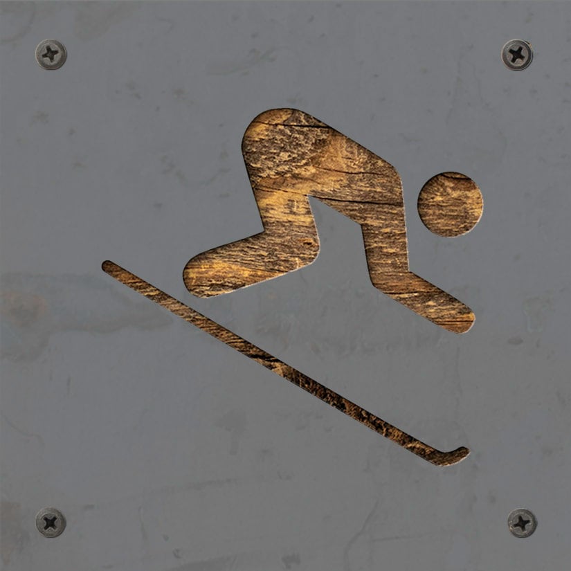 Downhill Skier Metal Wall Art on Reclaimed Wood, Ski Cabin Decor, Skier Gift, 5.5 Inch Square Steel Sign, Ski Lodge Decor