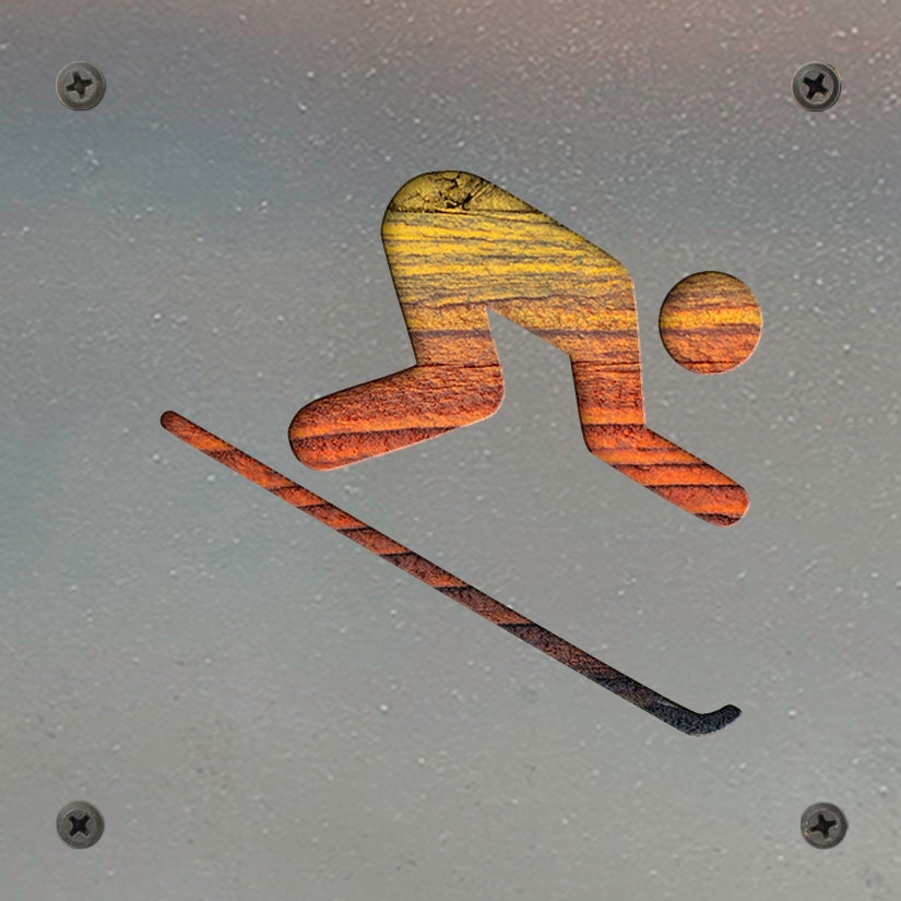 Downhill Skier Metal Wall Art on Reclaimed Wood, Ski Cabin Decor, Skier Gift, 5.5 Inch Square Steel Sign, Ski Lodge Deco