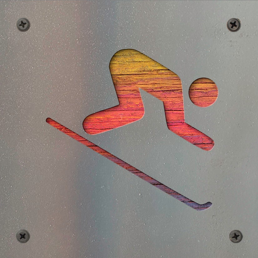 Downhill Skier Metal Wall Art on Reclaimed Wood, Ski Cabin Decor, Skier Gift, 5.5 Inch Square Steel Sign, Ski Lodge Decor