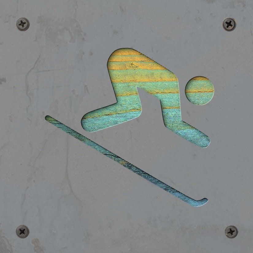 Downhill Skier Metal Wall Art on Reclaimed Wood, Ski Cabin Decor, Skier Gift, 5.5 Inch Square Steel Sign, Ski Lodge Decor
