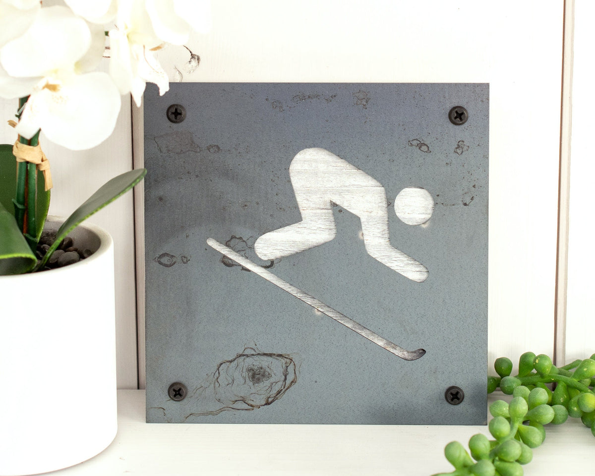 Downhill Skier Metal Wall Art on Reclaimed Wood, Ski Cabin Decor, Skier Gift, 5.5 Inch Square Steel Sign, Ski Lodge Decor